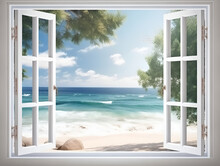 View Of Sea With Beach And Trees Through The Large White Window. 