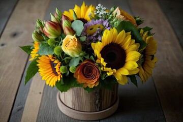 Canvas Print - rustic bouquet of sunflowers and wildflowers in a wooden vase. Generative AI