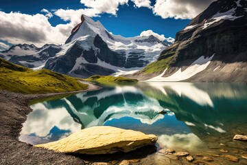 Wall Mural - serene mountain lake nestled among snow-capped peaks. generative ai