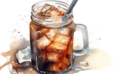 Wall Mural - watercolor of iced coffee Americano created with Generative AI technology