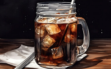 Wall Mural - watercolor of iced coffee Americano created with Generative AI technology