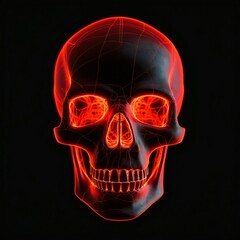 Human skull glowing with red neon light in a black background, generative AI