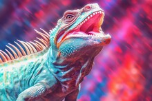 Portrait Of A Iguana On Colorful Lights Background