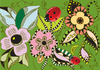 Sticker - decorative floral pattern with ladybugs