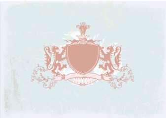 Sticker - An heraldic shield or badge, blank so you can add your own images. Grunge background  . Vector illustration.