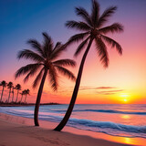 Fototapeta Morze - Long sandy beach of a tropical island and sunset, Generative AI.
