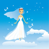 Fototapeta  - The beautiful happy bride flies on clouds