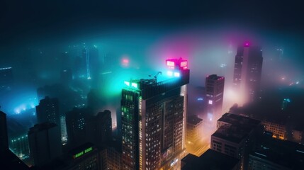 A view of a city at night from a high rise building. Generative AI image.