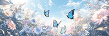Beautiful Wild Flowers Daisies And Butterfly In Morning In Sunlight In Spring. AI Generative