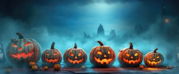 Halloween pumpkins and jack o lanterns on table with beautiful misty atmosphere, mysterious backdrop. Generative AI