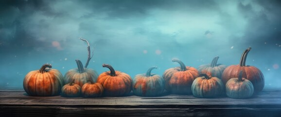 Wall Mural - Halloween pumpkins and jack o lanterns on table with beautiful misty atmosphere, mysterious backdrop. Generative AI