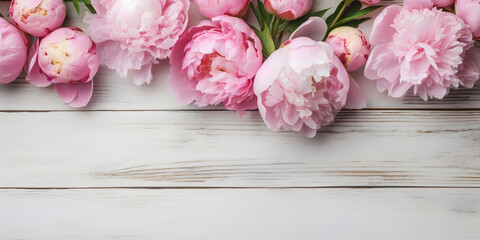 Wall Mural - Peony flowers on white wooden background, spring flat lay banner. Valentine's, womens, mothers day, birthday or wedding concept. Top view. Copy space. Generated AI.