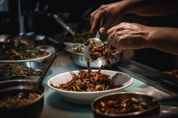 Poster - A person scooping some food out of a bowl. Generative AI image.