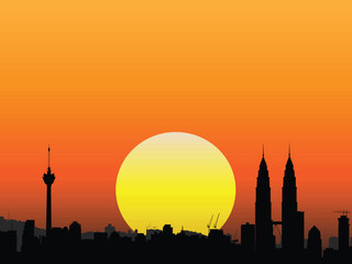 Wall Mural - Vector - Brightly lit modern city with the sun in the background.