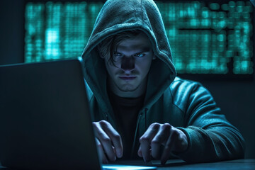 Cybersecurity - a man in a hoodie hacking on a computer against a green background.  Generative AI