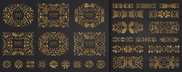 Set of leaves cover templates, decorative nature borders, round floral frame shape. Bright golden and black art decoration set of frame, border, and wreath. Autumn collection. Vintage banner