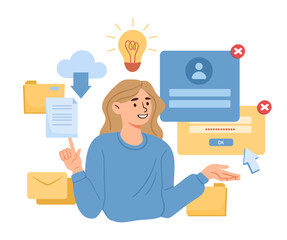 Wall Mural - woman with cloud service. young girl sends files and folders on internet. archive and storage. chara