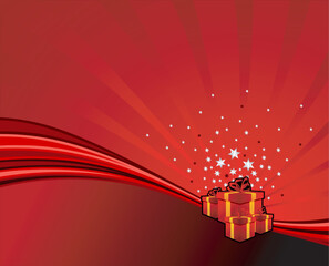 Sticker - festive gifts on red abstract swoosh background. Vector illustration.