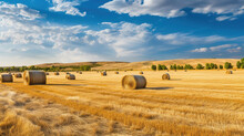 Panoramic Natural Landscape With Green Grass, Golden Field Of Harvested Wheat With Bales And Blue Sky With Clouds. Colorful Summer Panorama Of Combination Of Yellow And Green Fields. Generative AI