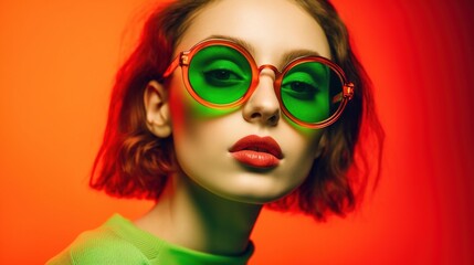 fashion portrait shoot of a girl in colorful glasses, luminous red and green, minimalist, generative