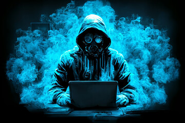 Conception of a hacker with blue smoke in background