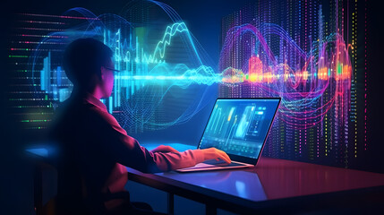 Data science and big data technology. Data scientist computing, analysing and visualizing complex data set on computer. Data mining, artificial intelligence, machine learning, business analytics.