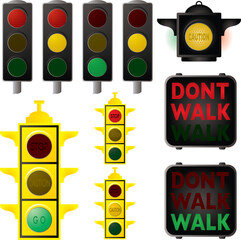 Collection of traffic signals in different stages of changes