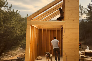 Poster - Tiny house or wooden cabin construction. A man standing on top of a wooden structure next to a dog. Generative AI.