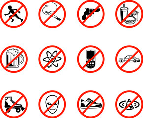 Wall Mural - A series set of icons all outlining things that are prohibited or are calling on to be banned! E.g. No running, no smoking, no firearms, no eating, no alcohol, no phones, no sneakers etc.