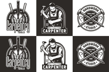 Poster - Set of bearded carpenter and nails for logo of carpentry or wood carving. Woodworker with chisel in his hands for design of workshop or woodworking