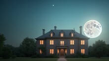 A Scene Of An Exquisitely Detailed House With A Full Moon In The Background AI Generative