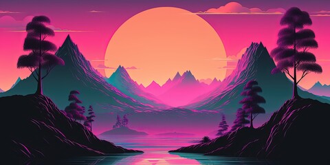 Wall Mural - landscape vapor wave synth background , ai generative