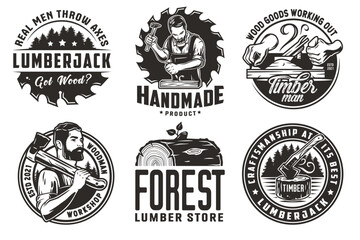 Wall Mural - Set of logos for carpentry or wood carving or sawing. Collection of designs for woodworker, carpenter, joiner, timber, lumberjack and craftsman for workshop, woodworking, sawmill and woodwork