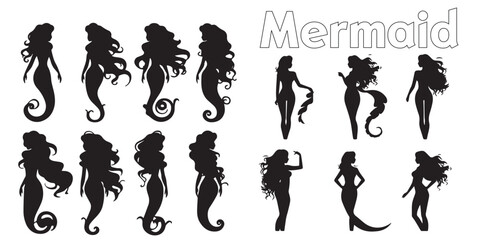 Silhouettes of mermaids and seahorses vector illustration.