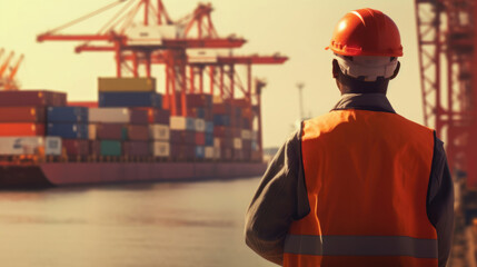 A port worker from behind with a safety vest and protective helmet looks into the harbor basin with containers at evening light.