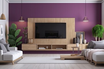 Modern living room with TV on purple wall. Generative AI