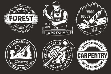 Wall Mural - Set of logos for carpentry or wood carving or sawing. Collection of designs for woodworker, carpenter, joiner, timber, lumberjack and craftsman for workshop, woodworking, sawmill and woodwork