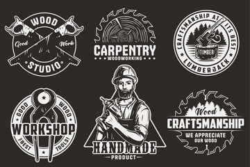 Canvas Print - Set of logos for carpentry or wood carving or sawing. Collection of designs for woodworker, carpenter, joiner, timber, lumberjack and craftsman for workshop, woodworking, sawmill and woodwork