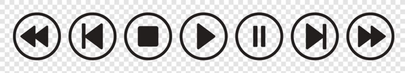 set of media player buttons. included play, stop, playback pause, backward, forward, skip forward, a