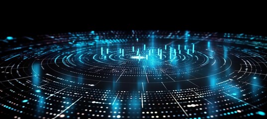 Blue circular network system virtual space technology background. Generative AI technology.	