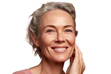 Wall Mural - Beautiful smiling woman aged 50 model with natural makeup touching her  clean with hands face beige warm background, isolated, png, Generative AI