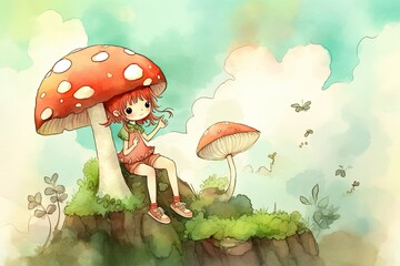 Poster - young girl sitting on a colorful mushroom in a green grassy field Generative AI