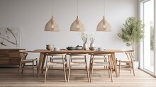 Elegant Coastal Style Dining Room With A Wooden Table And Chairs And Indoor Plants, Scandi Interior Design