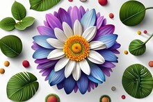 Vibrant Fantasy Daisy Flower In White, Yellow And Purple. Beautiful Spring And Summer-themed Floral Illustration With Leaves Ornament On White Background