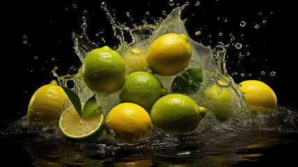 Green Lemons, citrus aurantifolia, Fruits falling into Water against Black Background