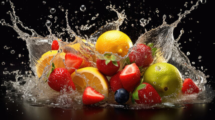  sliced fruits hitting in the air with water splashes