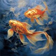 A painting of two carp fish in the water

