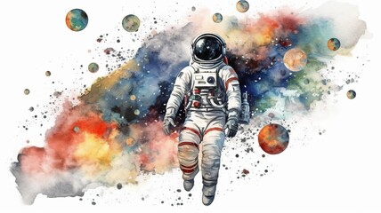 Wall Mural - astronaut and universe planets watercolor white background Generative AI