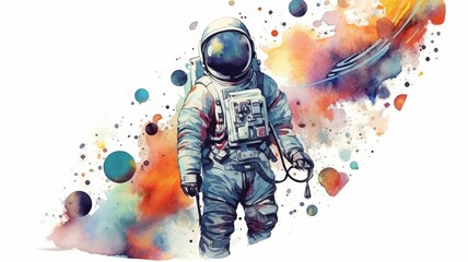 Wall Mural - astronaut and universe planets watercolor white background Generative AI