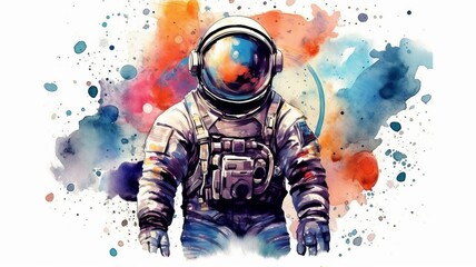Wall Mural - astronaut and universe planets watercolor white background Generative AI